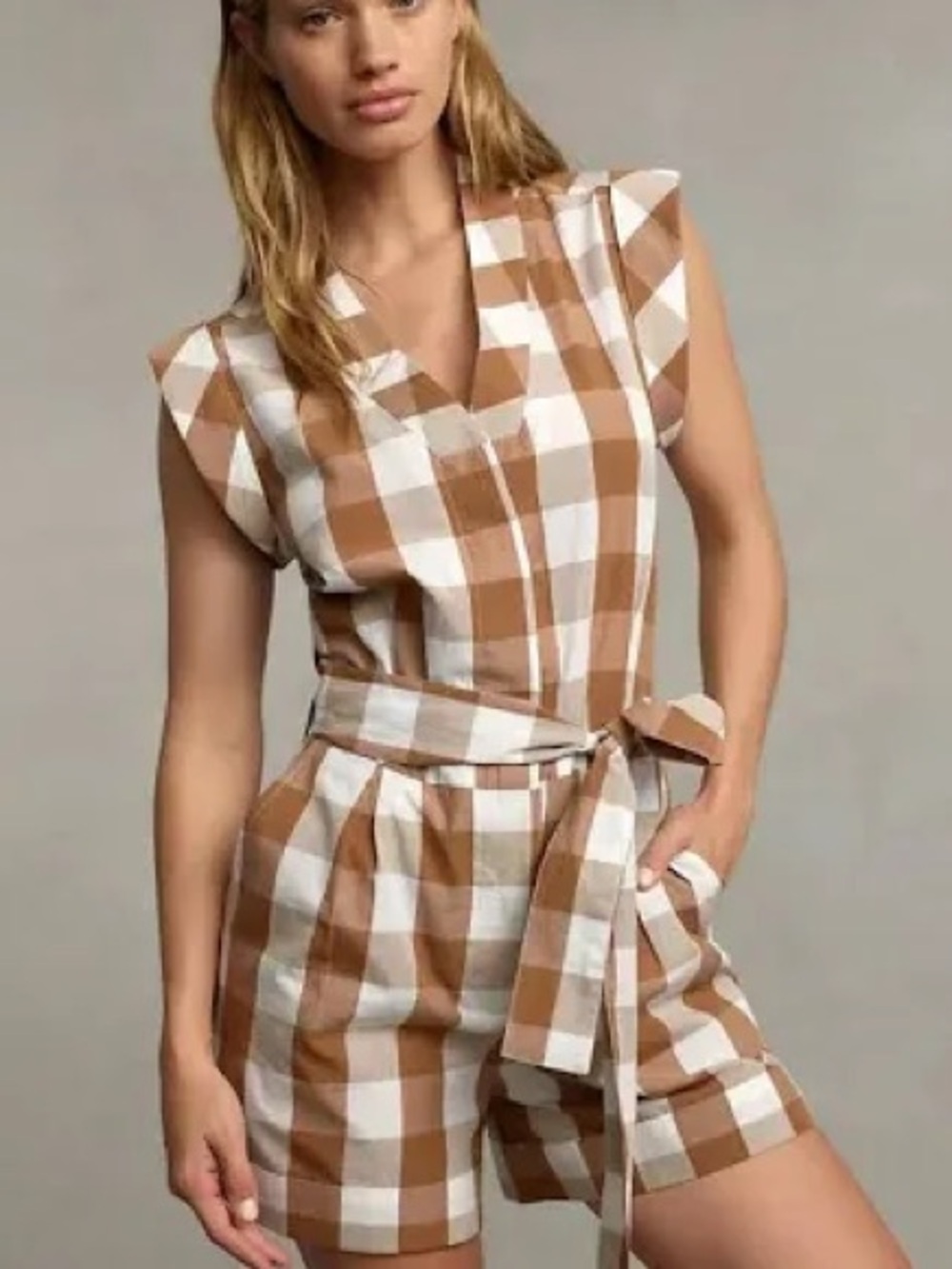 Whit Two Romper Sleeveless Button Front Plaid Gingham White Size S